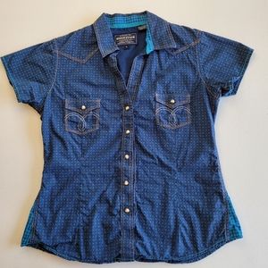 Rough Stock Panhandle Slim Women's Medium Snap-Up Short Sleeve Blue Shirt